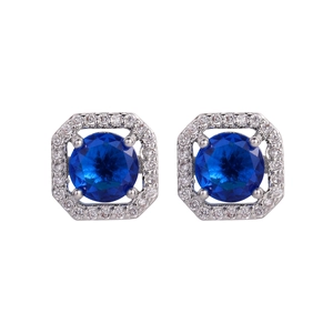 Elegant square halo stud earrings with round blue center stone and silver finish