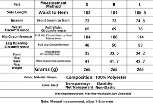 Size chart for beaded embroidery trousers set with detailed measurements and fabric info