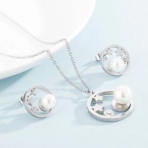 Parure bijoux en acier inoxydable argenté avec pendentifs étoile évidée et perles blanches