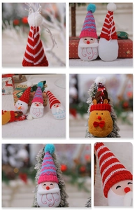 Detail of knitted Christmas ornaments with Santa and Reindeer motifs for festive decoration