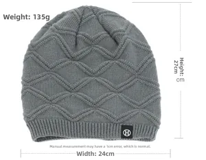 Grey knit beanie featuring H logo patch and detailed waffle weave texture with dimensions