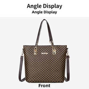Front angle view of large brown tote bag with geometric pattern and golden hardware