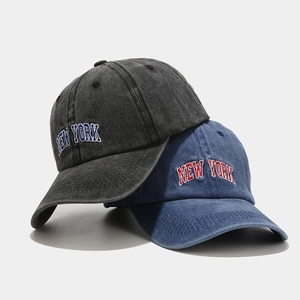 Vintage washed cotton baseball caps with New York embroidery in dark grey and denim blue