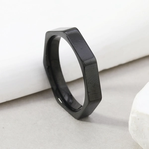 Minimalist 4mm black hexagonal geometric stainless steel ring for men in high-quality finish