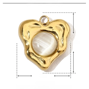 Detail showing irregular gold heart pendant with white opal stone and size dimensions