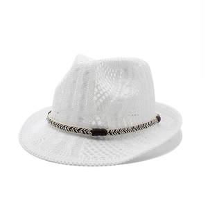 White breathable hollow knit jazz fedora with black and white textured decorative band