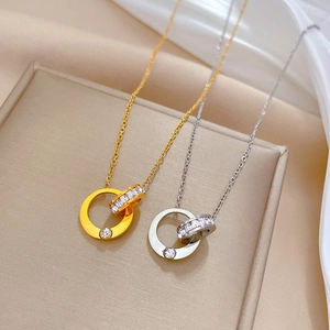 Minimalist double ring titanium steel necklace with sparkling crystals in gold and silver finish