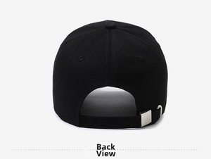 Back view of black cotton baseball cap showing adjustable metal strap and six-panel detail