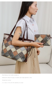 Detail of multi-textured patchwork tote bag set with crocodile and snakeskin patterns
