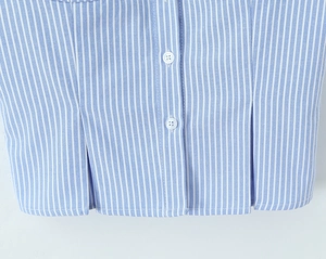 Detailed close-up of blue and white striped fabric with white buttons on a French style top