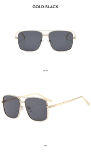Front and side view of gold-framed square sunglasses with classic black lenses