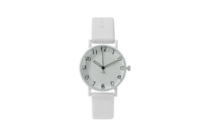 Minimalist white women's quartz watch featuring a numeric dial and soft silicone strap