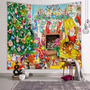 Detaillierter Retro-Weihnachtswandteppich mit Kamin und Vintage-Festszene an weißer Ziegelwand