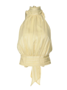 Pale yellow halter neck sleeveless top with vertical pleated texture and tie-back detail
