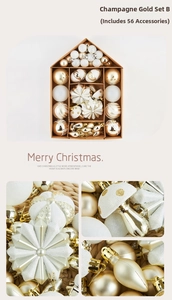 Close-up of champagne gold and white Christmas ornaments with glitter details