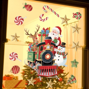 Christmas window decals with Santa driving a train, reindeer, and snowman on glass