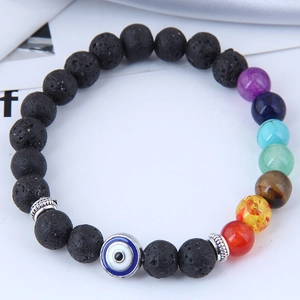 Volcanic lava stone seven chakra bracelet with blue evil eye charm for women and men