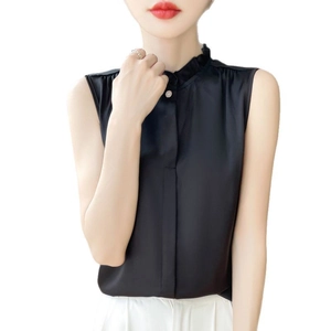 Elegant black satin sleeveless blouse with ruffled collar and decorative pearl button