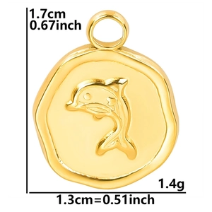 Macro view of 18k gold plated dolphin pendant with size dimensions 1.7cm by 1.3cm