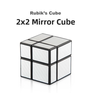 Close-up of 2x2 mirror cube with silver brushed texture and black frame details