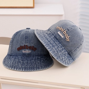 Kids Denim Bucket Hat Cotton Letter Embroidery Sunshade Windproof Adjustable Soft Sun Hat For Toddler Baby