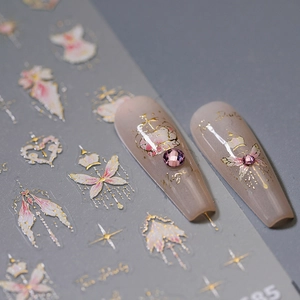 3D gold crown nail stickers with pink rhinestones on grey press-on nails for girls