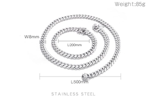 Detailed specs of silver 8mm stainless steel Cuban chain necklace and bracelet set