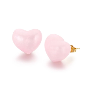 Pink heart stud earrings with 18K gold plated titanium and colorful stone dyed effect