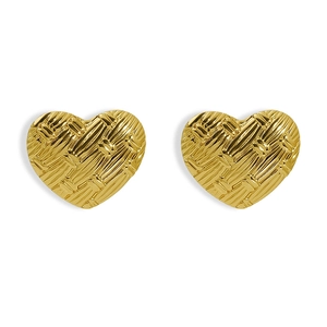 Vintage gold heart stud earrings with luxury woven texture in durable stainless steel