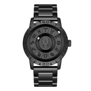 Men Magnetic Ball Quartz Watch No Hands Skull Relief Twelve Zodiac Signs Fashion Black Alloy Band Punk Cool Style