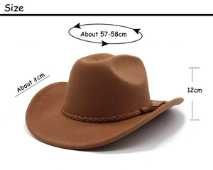 Brown western felt cowboy hat with 8cm brim and detailed size dimensions in centimeters