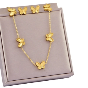 Elegant gold butterfly necklace and earrings set displayed in a premium jewelry box
