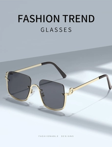 Detailed shot of half-frame sunglasses with gold metal frame and gradient grey lenses