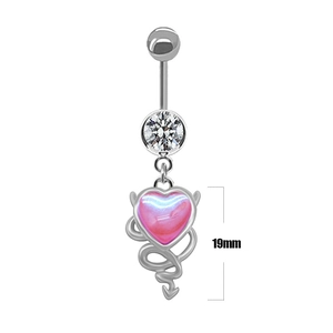 Detail view of 19mm pink heart devil belly button ring with sparkling crystal rhinestones