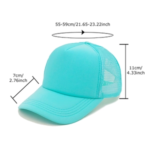 Breathable mesh baseball cap in bright blue with sizing details and 55-59cm circumference