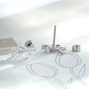 Exquisite bow-shaped silver stud earrings featuring sparkling zircon inlay for women
