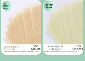Detail view of chamomile and scentless facial oil blotting papers in 100-sheet packs