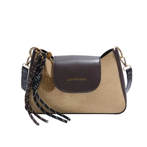 Retro khaki canvas and brown leather crossbody bag with vintage tennis racket pendant