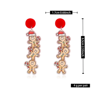 Detail view of acrylic gingerbread man earrings with dimensions and weight specs