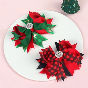 Christmas bow hair clips for girls with reindeer prints and buffalo plaid patterns