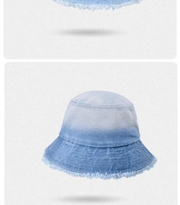Dettaglio dei bordi sfrangiati e trama del cappello alla pescatora in denim sfumato