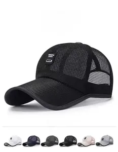 Detail view of breathable mesh trucker hats showing diverse color options and quick-dry fabric