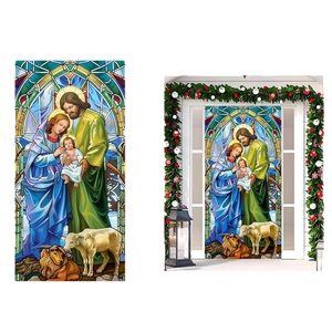 Christmas nativity scene door cover featuring stained glass angel and holy family design