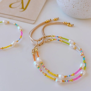 Bohemian handmade beaded bracelet with freshwater pearls and colorful Miyuki seed beads