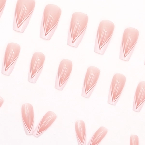 Minimalist pink and white V-shape French press-on nails in long coffin shape design