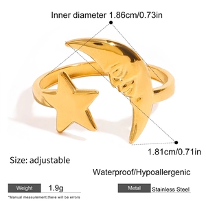 Detailed size chart of a 18k gold-plated moon and star stainless steel open ring