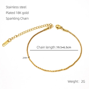 Detail view of 18K gold plated stainless steel chain with 2mm width and adjustable clasp