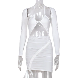 White two-piece set featuring long sleeve halter top and drawstring ruched mini skirt