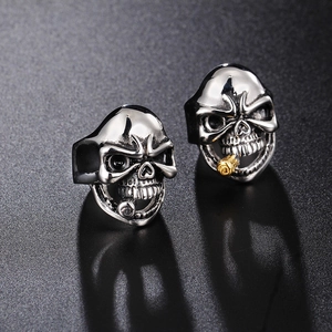 Rock hip hop style silver stainless steel skull ring with golden pipe detail for men