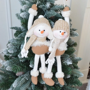 Pair of plush snowman Christmas tree ornaments featuring cozy knit scarves and hats